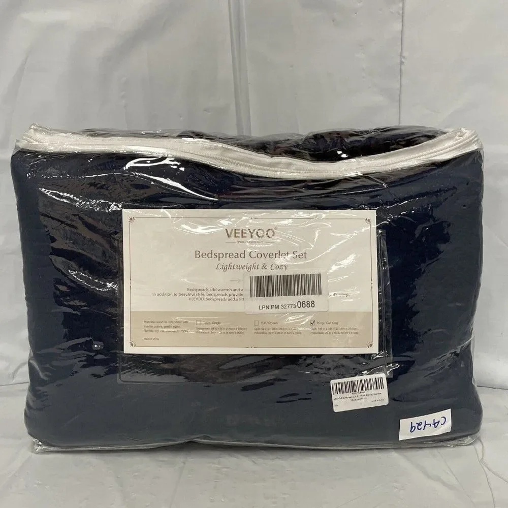 VEEYOO Navy 3 Pieces Bedspread Ultrasonic Embossing Lightweight Quilt Set ca429
